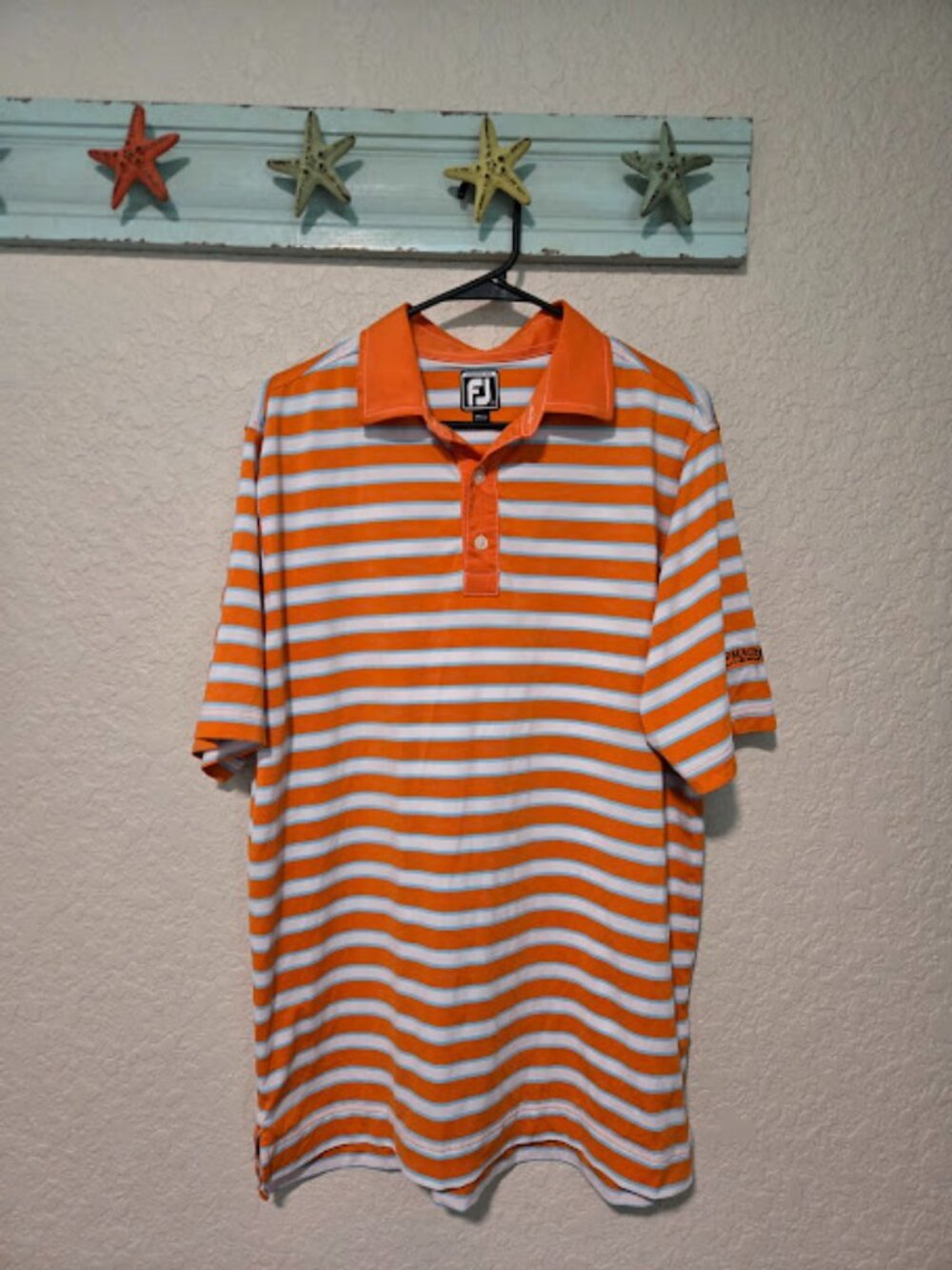 FootJoy Mens Athletic Fit Striped Golf Polo Shirt Orange White Magnolia Creek L